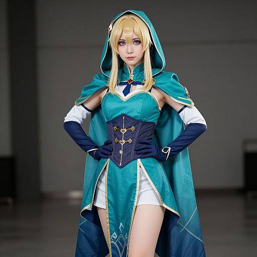 Photograph of a blonde cosplayer in a blue and white fantasy outfit with a hood, corset, and thigh-high slit, standing confidently on a