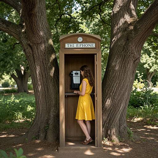 Photograph of a woman in a yellow dress using a wooden 