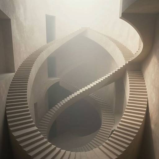Photograph of a winding, spiral concrete staircase bathed in bright sunlight, creating a dramatic contrast of shadows and light.