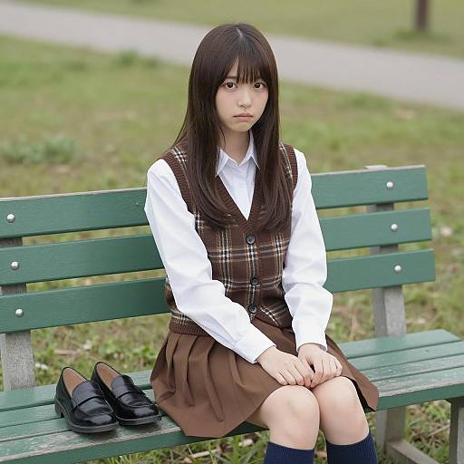 Japanese Girl in Plaid Vest on Bench