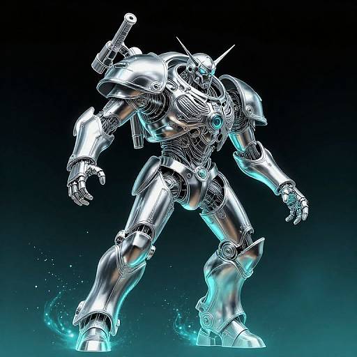 Digital illustration of a futuristic, silver, glowing robotic warrior with intricate armor, glowing blue accents, and glowing blue energy at its feet.