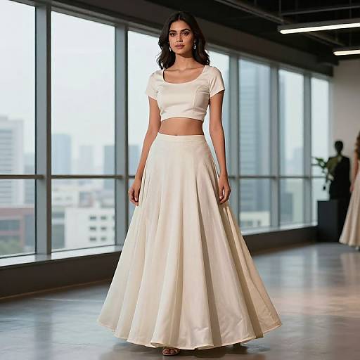 Photograph of a South Asian woman with dark hair, wearing a white crop top and long skirt, standing in a modern, sunlit room with large