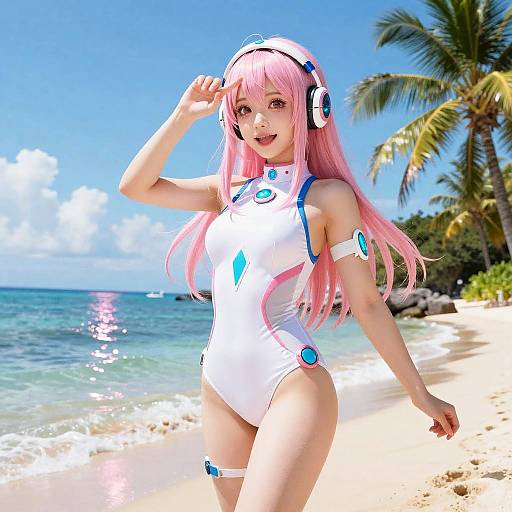 Futuristic Anime Character on Beach