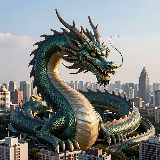 Digital artwork of a massive, green, serpentine dragon with blue scales and black horns sitting among skyscrapers in a cityscape.