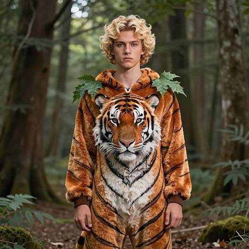 Young Man in Tiger Onesie in Forest
