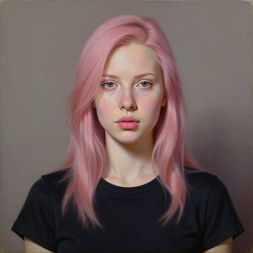 Digital portrait of a fair-skinned woman with pink hair, blue eyes, and pink lips, wearing a black shirt, against a gray background.