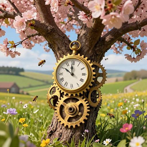 Photograph of a vintage gold clock with gears, hanging from a blooming cherry tree, amidst a vibrant meadow with wildflowers and a distant countryside