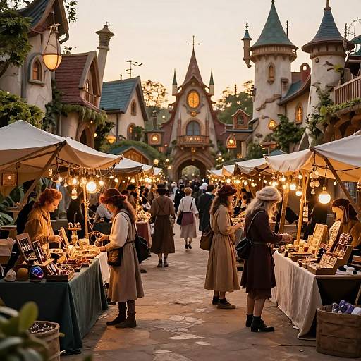 Photograph of a medieval-style evening market with fairy-tale castle backdrop, illuminated stalls, customers in period clothing, and warm, golden lighting.