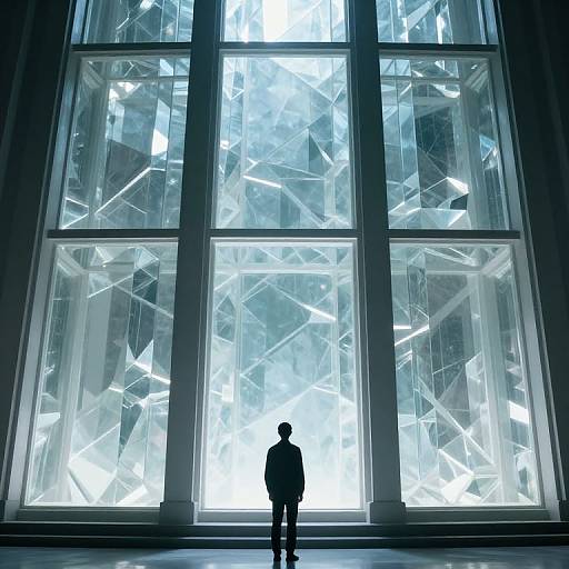 Silhouette of a person standing before massive, illuminated, shattered glass windows with a futuristic, crystalline pattern in a modern building.