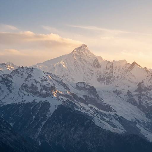 Photograph of a snow-covered mountain peak at sunset, with soft golden light illuminating the rocky summit and casting shadows on the slopes.