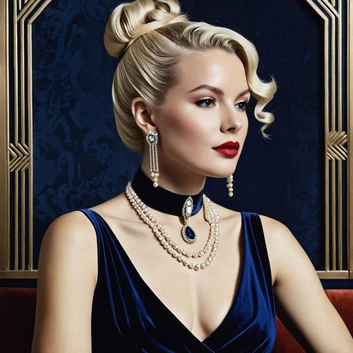 Elegant Woman in Navy Velvet Dress with Pearl Jewelry