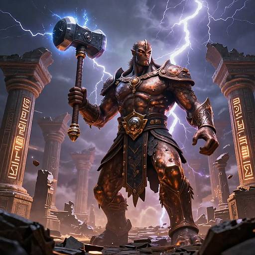 Muscular, bronze-skinned warrior with glowing hammer, lightning bolts, and ornate armor stands amidst ancient ruins with illuminated columns. Epic fantasy CGI artwork