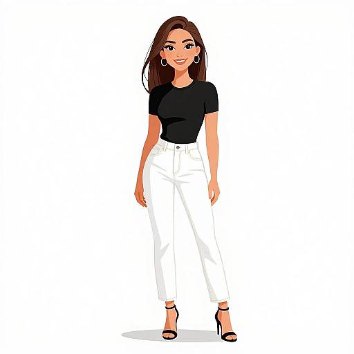 Digital illustration of a stylish woman with long brown hair, wearing a black t-shirt, white high-waisted pants, and black high heels, standing