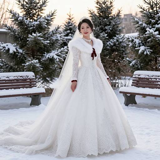 Photograph of a fair-skinned Asian bride in a white lace wedding gown with fur stole and veil, standing in a snow-covered park with snow-d