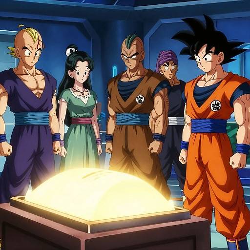 Digital anime-style illustration of Dragon Ball Z characters: Vegeta, Trunks, Android 17, Android 18, and Majin Vegeta gather