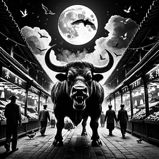 Giant Bull Charging Through Asian Market at Night