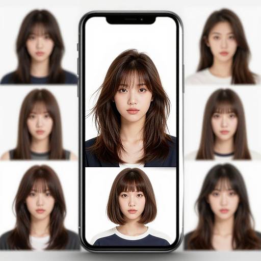 Photograph of an Asian woman with straight, brown hair, shown in a central smartphone screen, surrounded by six blurred headshots.