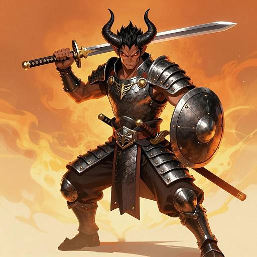 Fierce Demon Warrior in Fiery Battle Stance