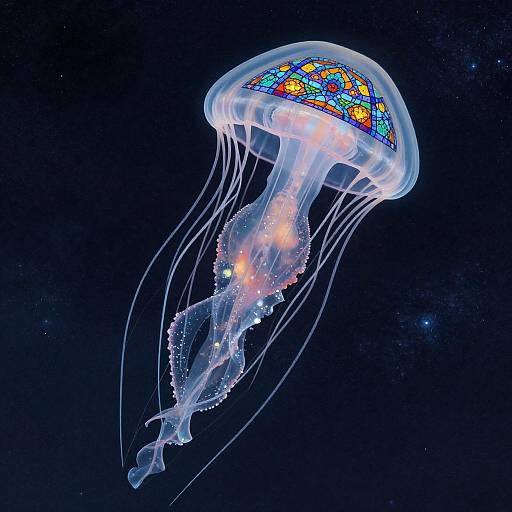 Photograph of a vibrant, translucent jellyfish with colorful, stained-glass-like patterns on its dome, floating gracefully in a dark blue ocean.