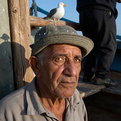 Photograph of an elderly man with weathered skin, gray hat, and gray shirt, sitting outdoors, with a seagull perched on his