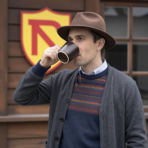 Casual Man in Brown Fedora and Cardigan