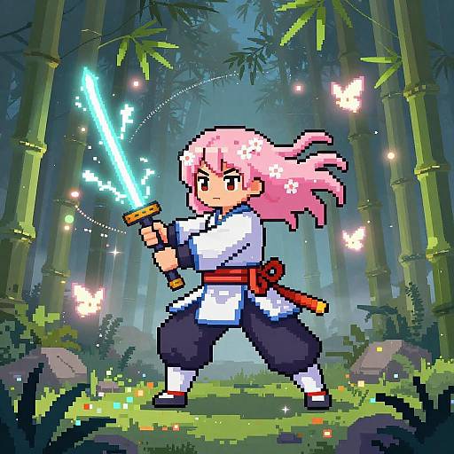 Neon Samurai Maiden in Glowing Forest