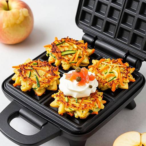 Photograph of mini pancakes with zucchini, orange carrots, and topped with cream, chili flakes, in a black waffle iron. Blurred apple