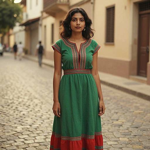 Ethnic Woman on Cobblestone Street