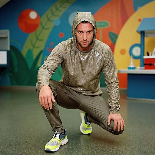 Photograph of a muscular man with a beard, squatting in a colorful, abstract-patterned gym. He wears a silver hoodie, gray pants,