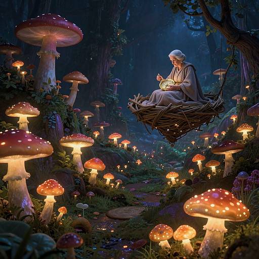 Mystical forest scene at night: elderly woman in white headscarf and robe, sitting in woven nest, surrounded by glowing, red-spotted