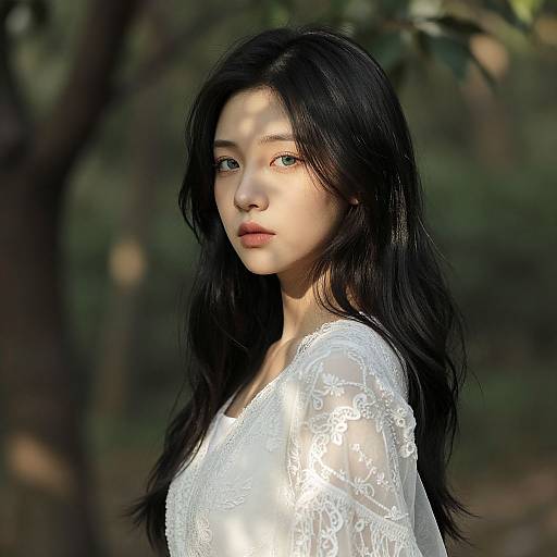 Photograph of an Asian woman with long black hair, wearing a white lace top, standing in a sunlit forest, with a serene expression and soft