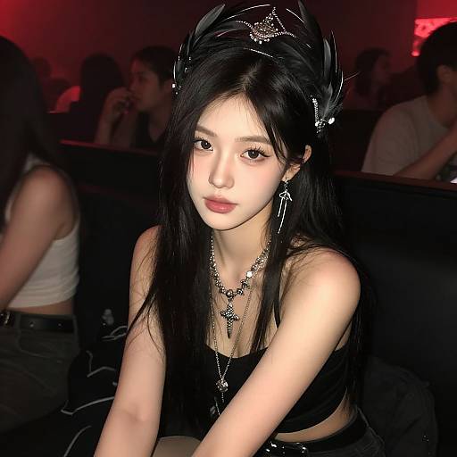 Photograph of an East Asian woman with long black hair, wearing a black feathered headpiece, necklace, and crop top, seated in a dim