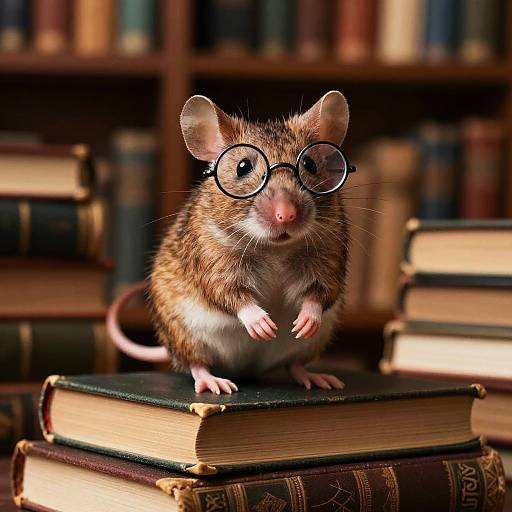 Photograph of a brown mouse with round glasses, standing on a stacked book, in a library with blurred bookshelves.