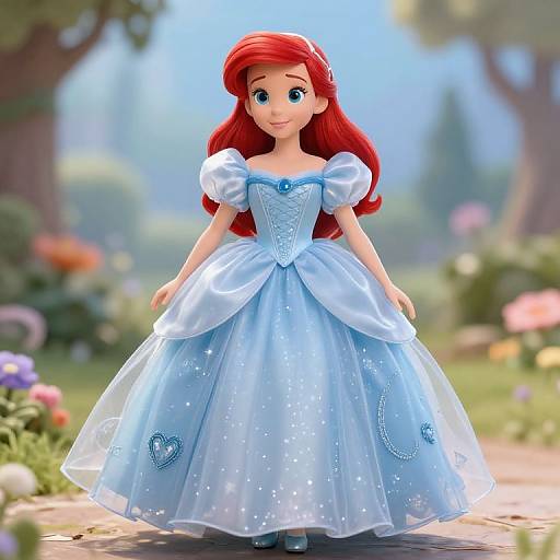 CGI image of a red-haired, blue-eyed Disney-style princess in a light blue, sparkling ball gown with heart embroidery, standing in a sunlit