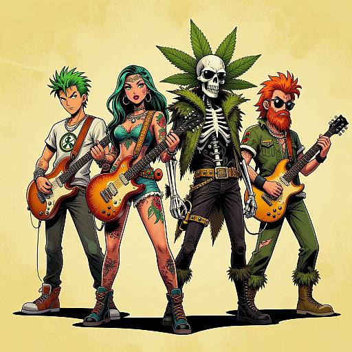 Colorful digital illustration of four rock musicians: green-haired boy, blue-haired woman, skeleton man, and red-bearded man with electric guitars. Yellow