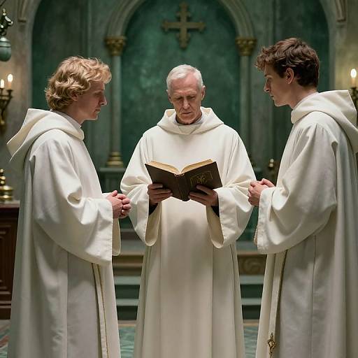 Photograph of three Catholic priests in white robes, standing in a church, with the central priest reading from a black book.