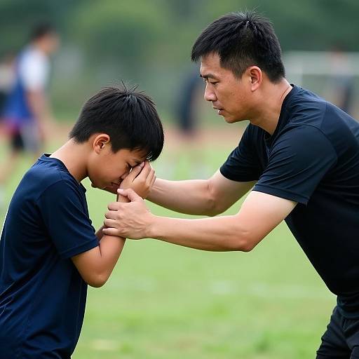 Photograph: Adult Asian man with short black hair, in black shirt, firmly holds hands of younger Asian boy in black shirt, standing on green grass