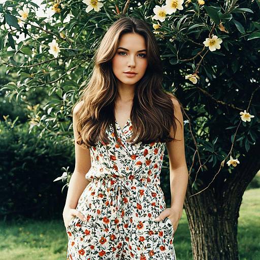 Young Woman in Floral Jumpsuit Outdoors