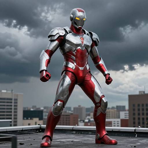 Photorealistic CGI of a silver and red Iron Man suit standing on a rooftop, fists clenched, against a cloudy, urban sky.