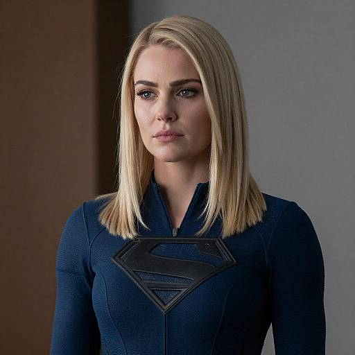 Determined Blonde Superhero in Blue Suit