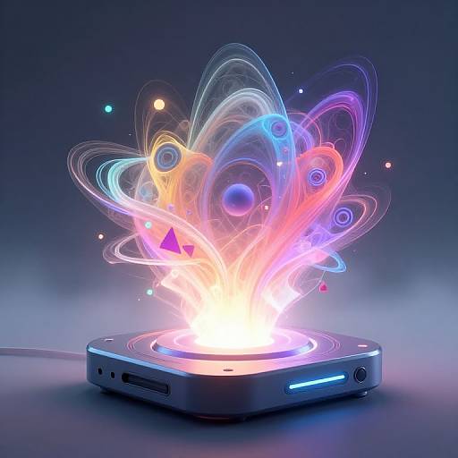 Digital art of a glowing, colorful, abstract explosion emerging from a futuristic, metallic, hexagonal device against a dark blue gradient background.