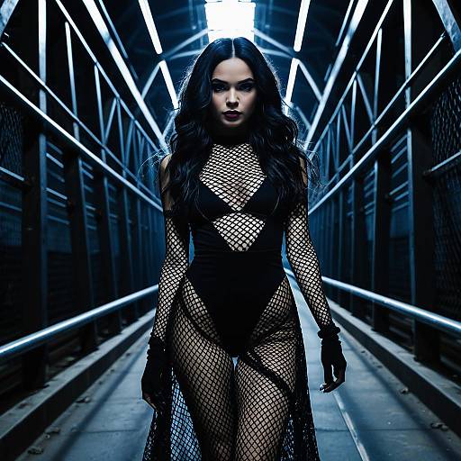 Gothic Fashion Model in Fishnet Dress