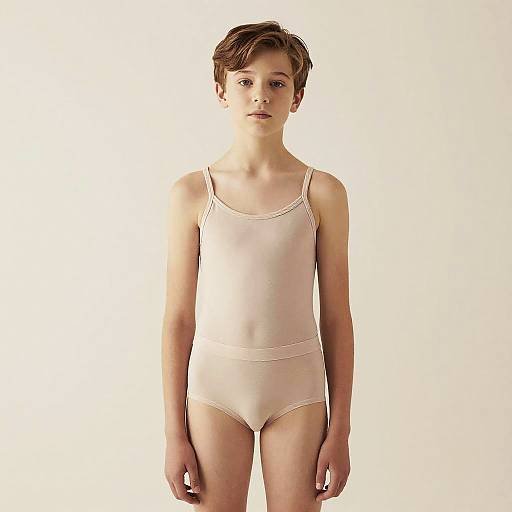 Photograph of a young boy with short brown hair, wearing a light beige, form-fitting leotard, standing against a plain white background.