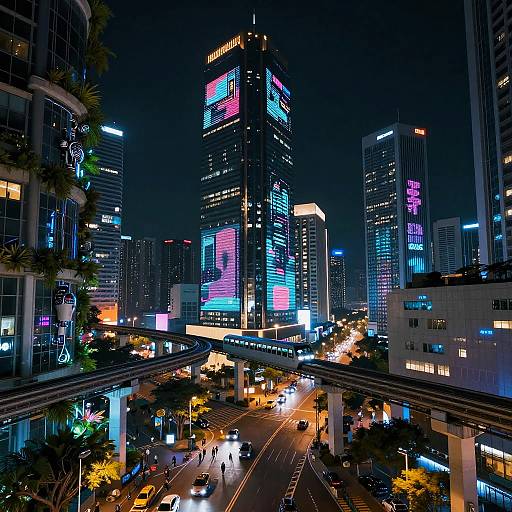 Photograph of a vibrant, neon-lit, futuristic cityscape at night, featuring towering skyscrapers with colorful digital billboards, busy streets,