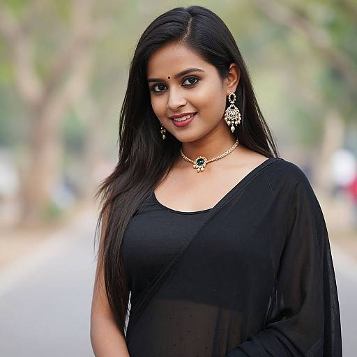 Photograph of a smiling South Asian woman with long black hair, wearing a black sheer kameez, gold necklace, and ornate earrings, standing