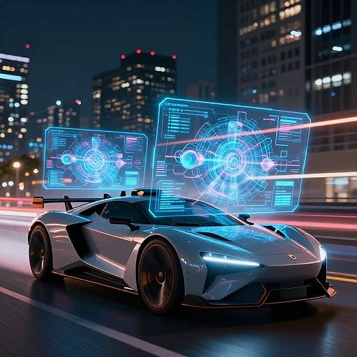 Photorealistic CGI of a sleek, silver Lamborghini driving at night with futuristic blue holographic interfaces floating above its rear. Urban cityscape with illuminated