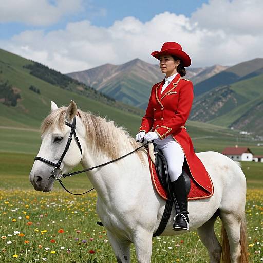 Photograph of a woman in a red riding jacket and hat, white gloves, and black pants, riding a white horse in a vibrant meadow with