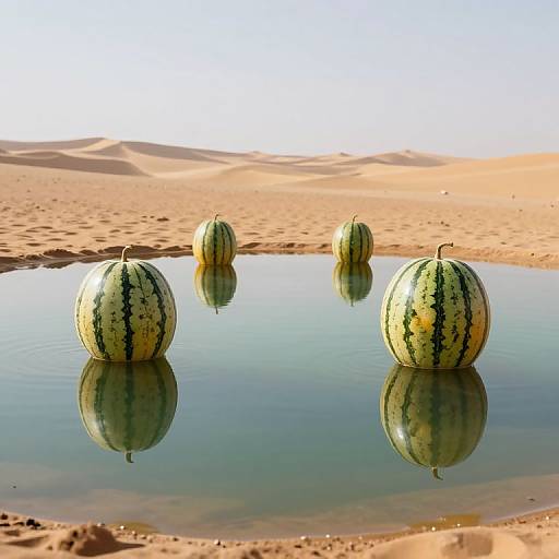 Photograph of three watermelons floating in a reflective desert oasis, with sandy dunes in the background under a clear blue sky.