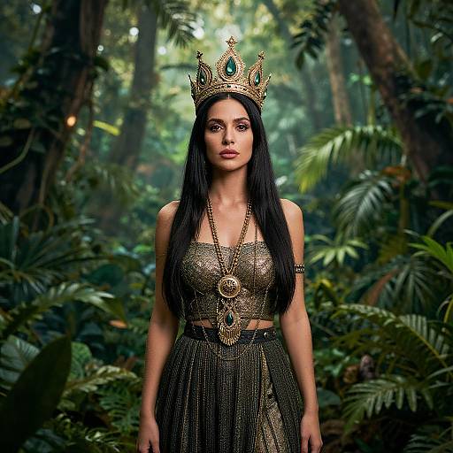 Photograph of a woman with long black hair, wearing an ornate golden crown, gold and black beaded top and skirt, standing in a lush