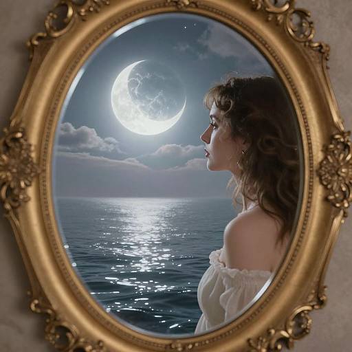 Photograph of a woman with wavy brown hair, off-shoulder white blouse, reflected in an ornate gold-framed mirror, gazing